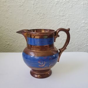 Antique Vintage Copper LustreWare Creamer blue paint design luster ware.